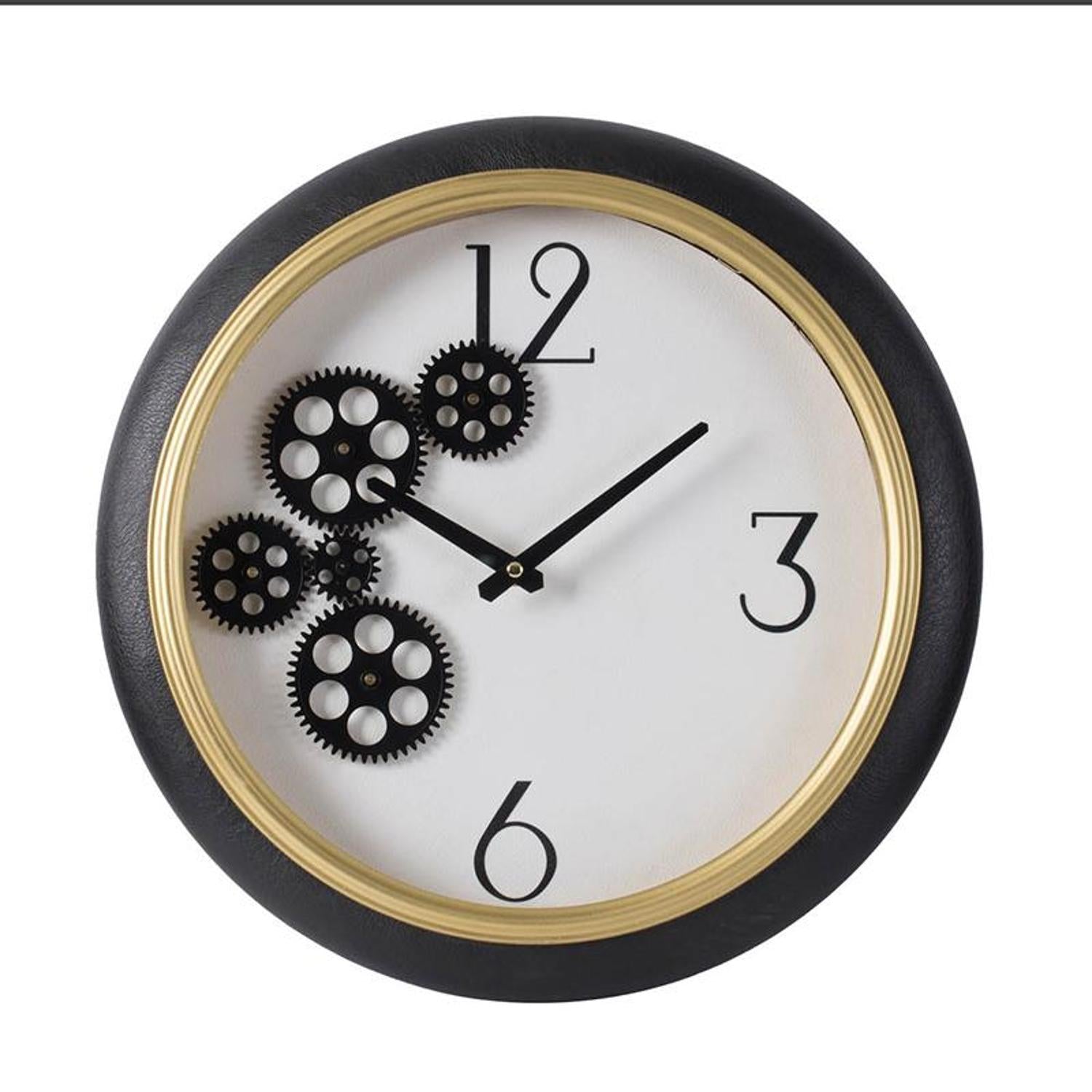 16" Black Gold And White Faux Leather And Iron Analog Exposed Gear Round Wall Clock - Home Decor