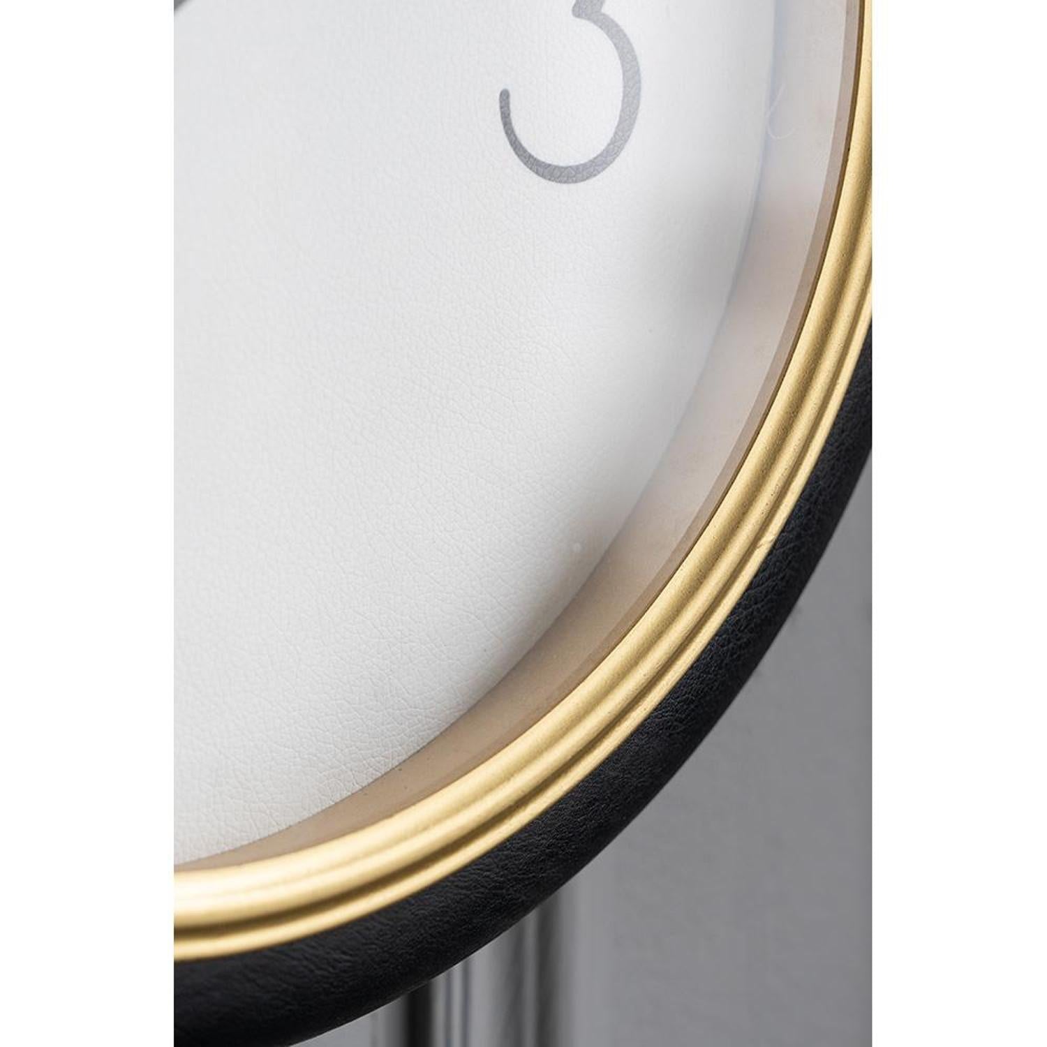 16" Black Gold And White Faux Leather And Iron Analog Exposed Gear Round Wall Clock - Home Decor