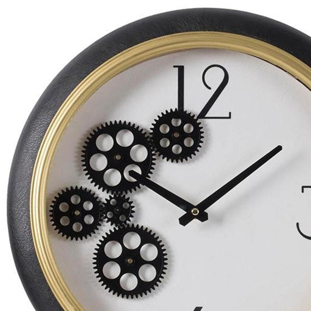 16" Black Gold And White Faux Leather And Iron Analog Exposed Gear Round Wall Clock - Home Decor