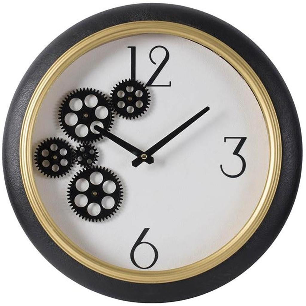16" Black Gold And White Faux Leather And Iron Analog Exposed Gear Round Wall Clock - Home Decor