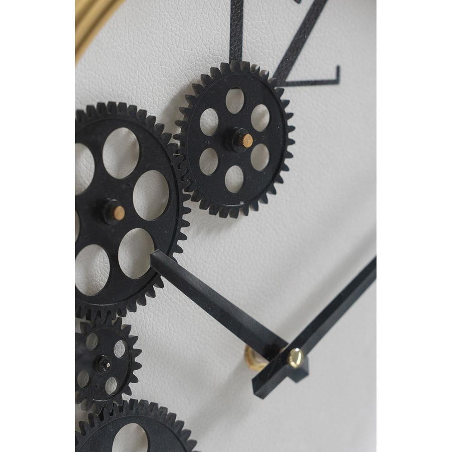 16" Black Gold And White Faux Leather And Iron Analog Exposed Gear Round Wall Clock - Home Decor