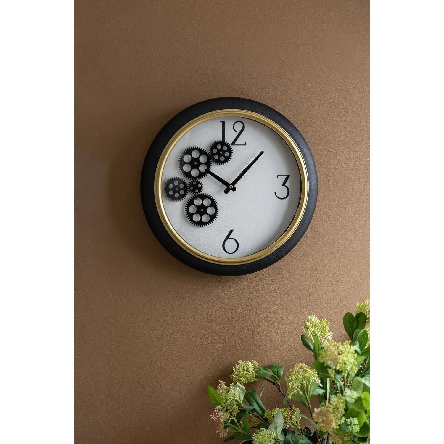16" Black Gold And White Faux Leather And Iron Analog Exposed Gear Round Wall Clock - Home Decor