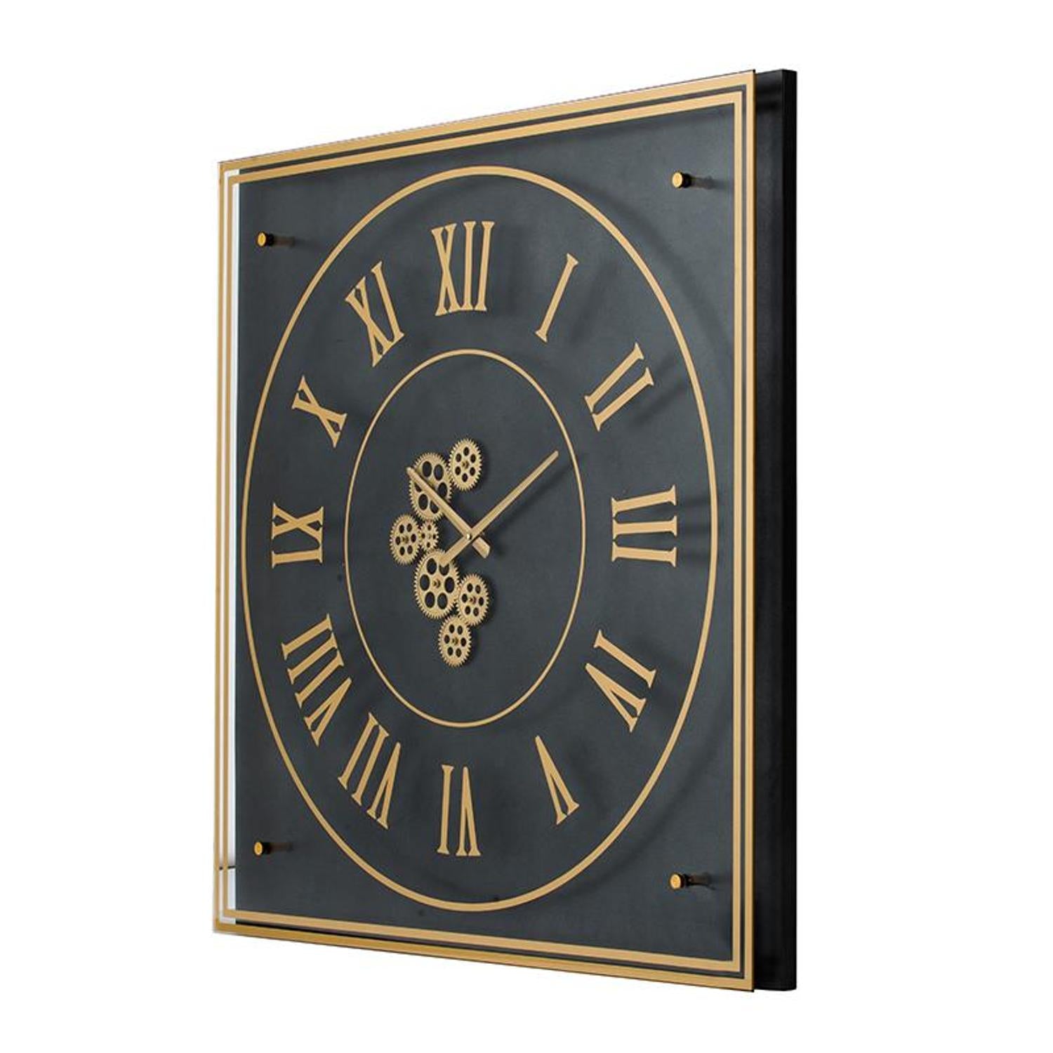 35" Black And Gold Glass And Metal Exposed Gear Square Wall Clock - Home Decor