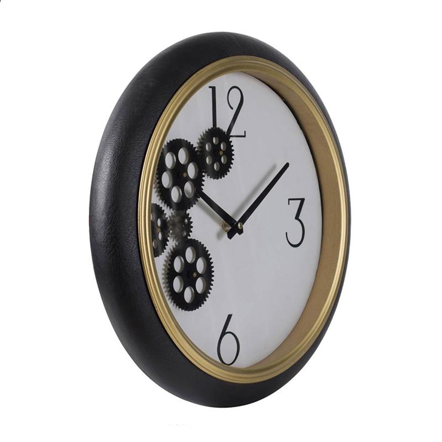 16" Black Gold And White Faux Leather And Iron Analog Exposed Gear Round Wall Clock - Home Decor