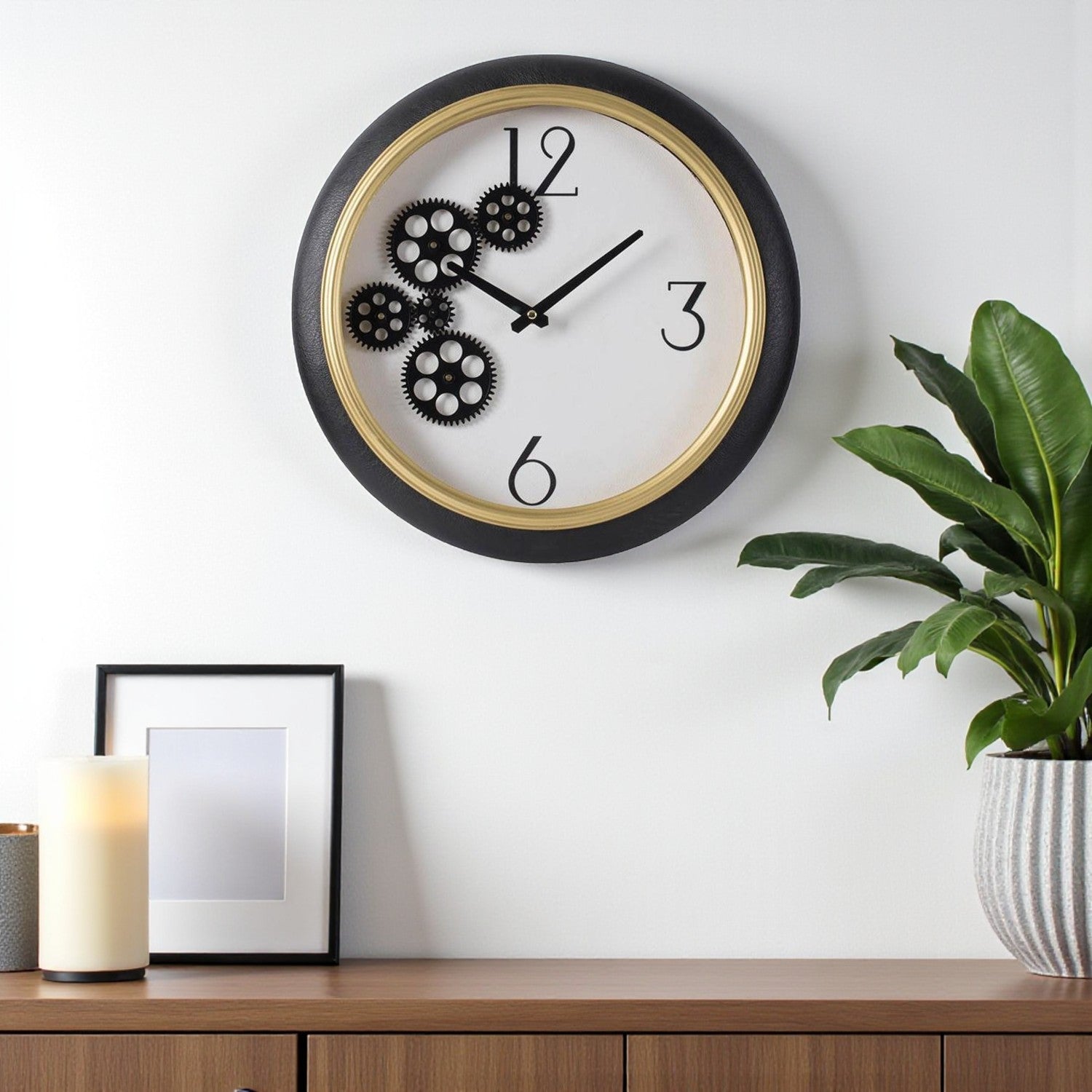 16" Black Gold And White Faux Leather And Iron Analog Exposed Gear Round Wall Clock - Home Decor