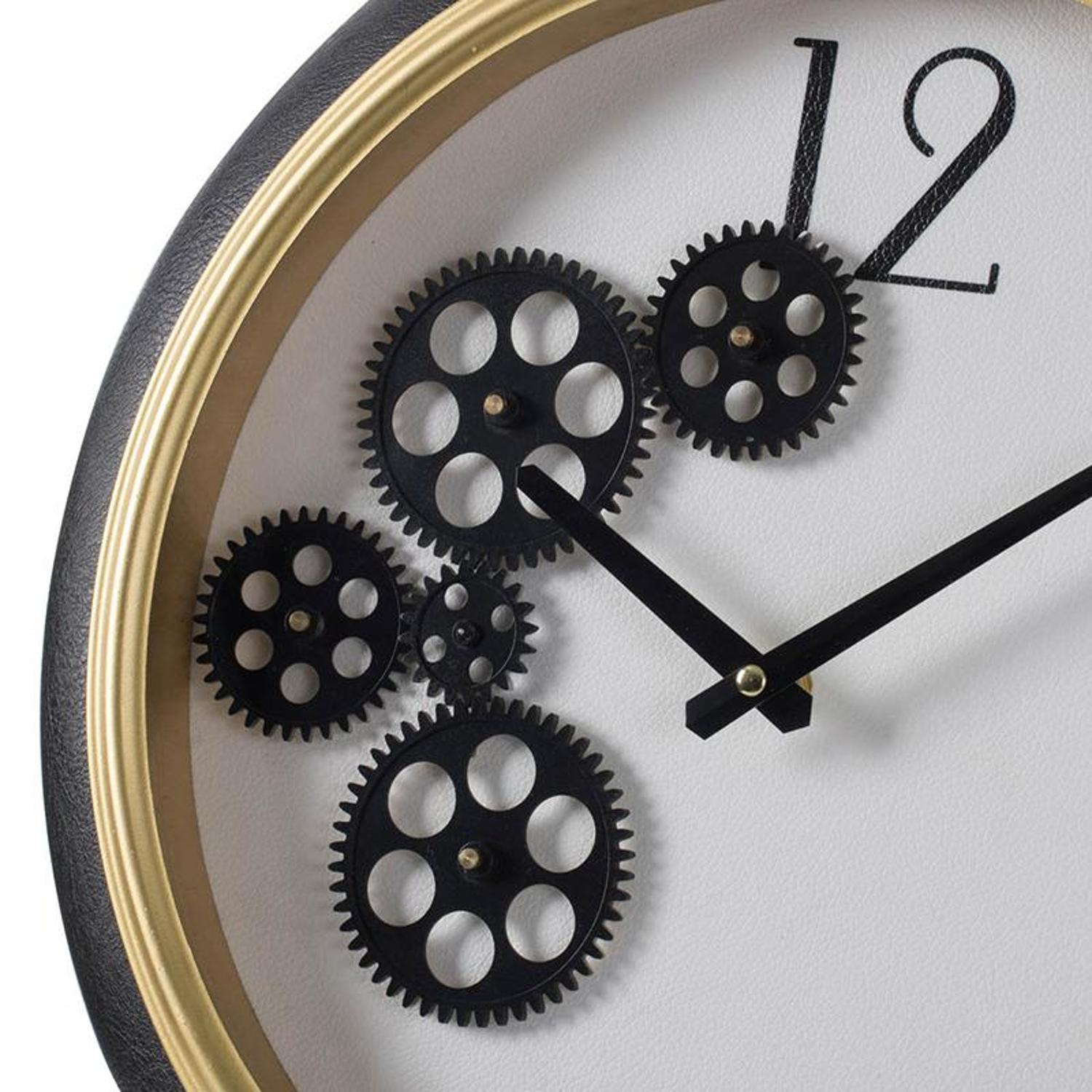 16" Black Gold And White Faux Leather And Iron Analog Exposed Gear Round Wall Clock - Home Decor