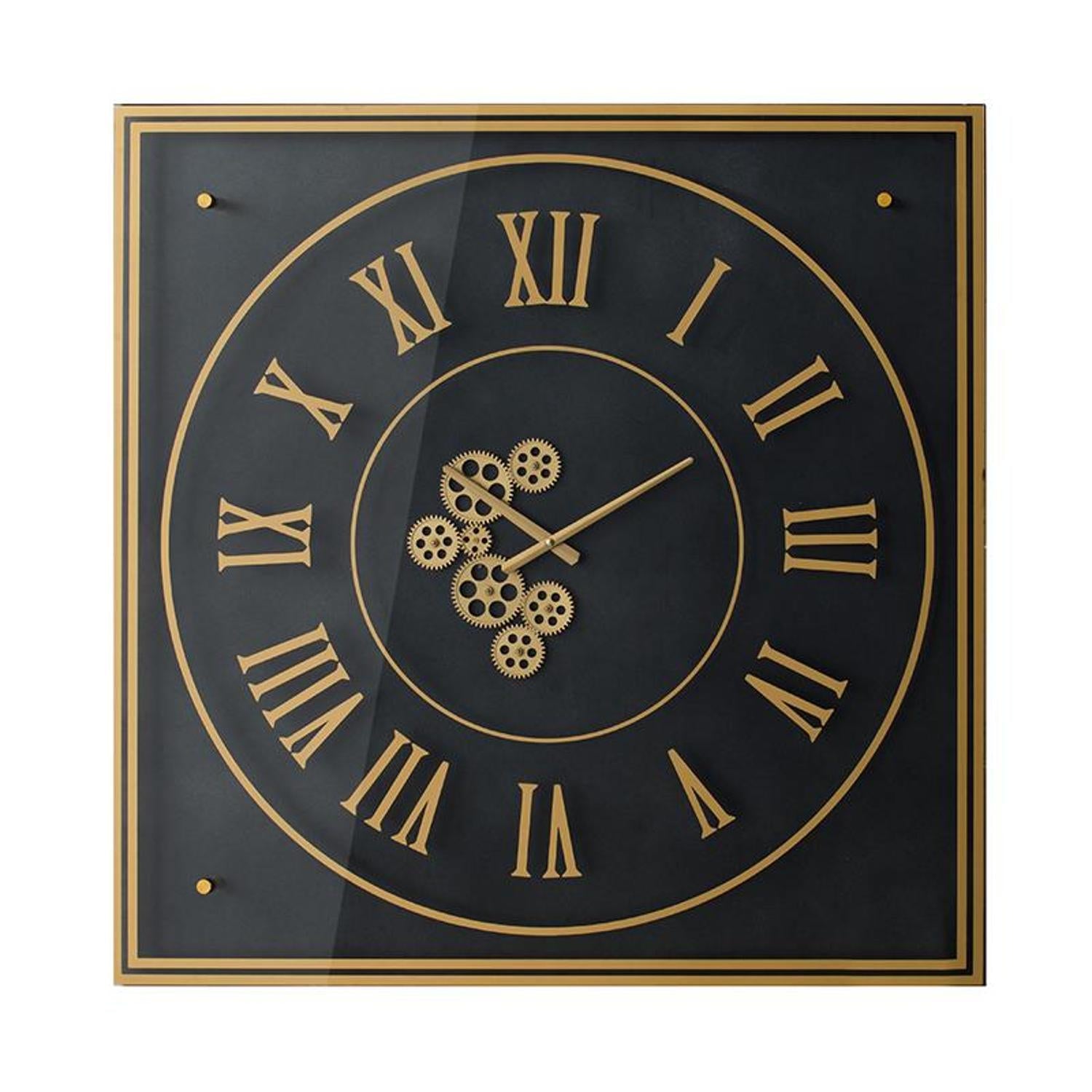 35" Black And Gold Glass And Metal Exposed Gear Square Wall Clock - Home Decor