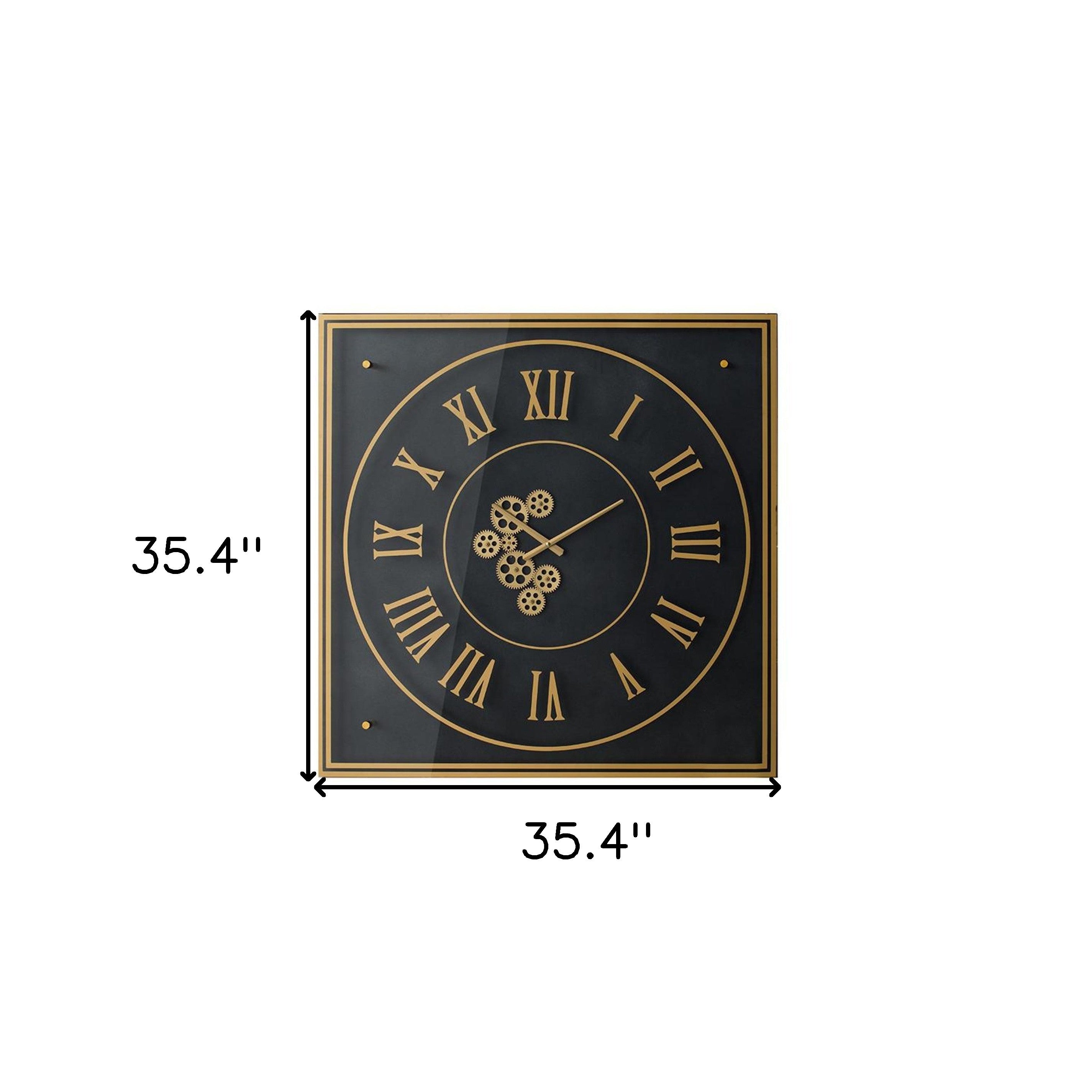 35" Black And Gold Glass And Metal Exposed Gear Square Wall Clock - Home Decor