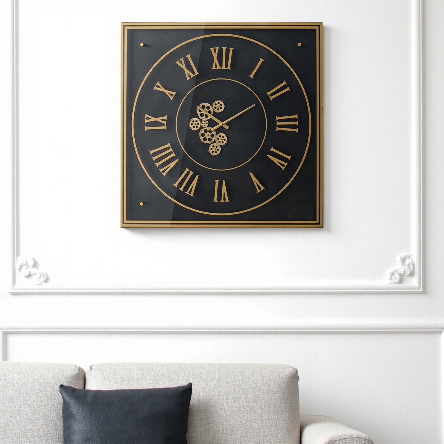35" Black And Gold Glass And Metal Exposed Gear Square Wall Clock - Home Decor