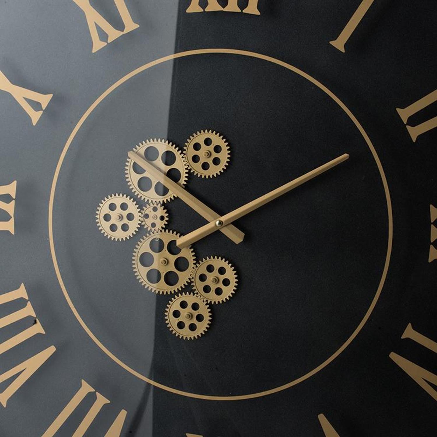 35" Black And Gold Glass And Metal Exposed Gear Square Wall Clock - Home Decor