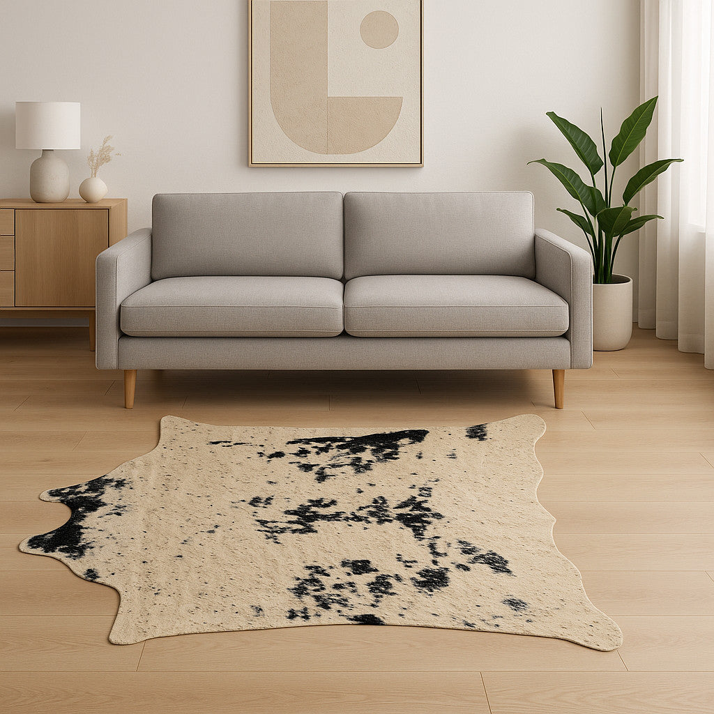 5' X 8' Off White Black and Gold Faux Cowhide Washable Area Rug - Home Decor