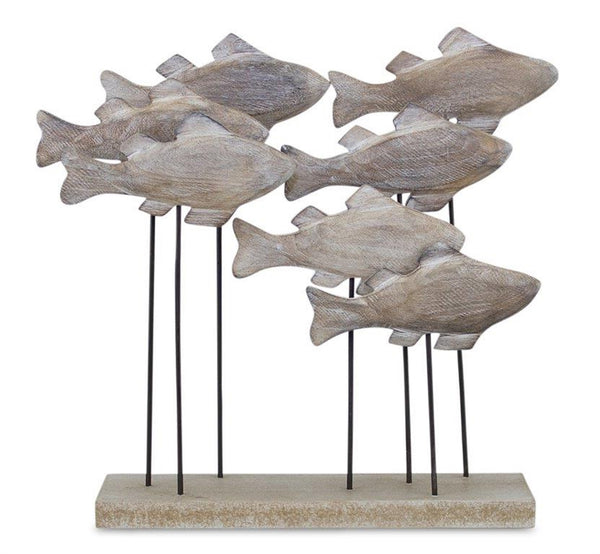9" Brown Metal And Wood School Of Fish Tabletop Sculpture - GreatEagleInc