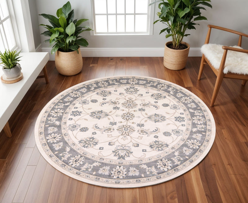 8' Ivory And Gray Floral Medallion Round Rug - Home Decor