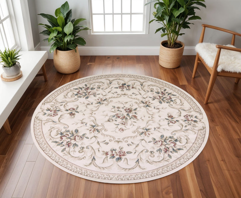 8' Ivory Red And Green Floral Medallion Round Rug - Home Decor