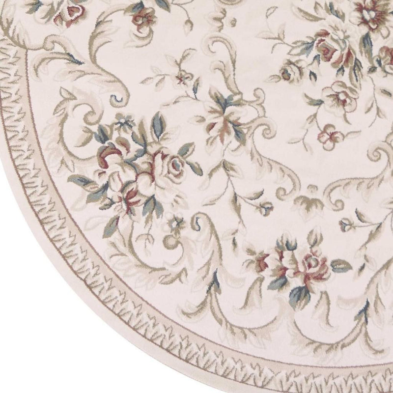8' Ivory Red And Green Floral Medallion Round Rug - Home Decor