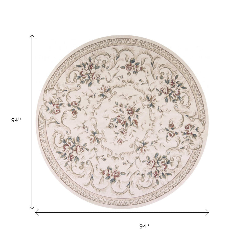 8' Ivory Red And Green Floral Medallion Round Rug - Home Decor