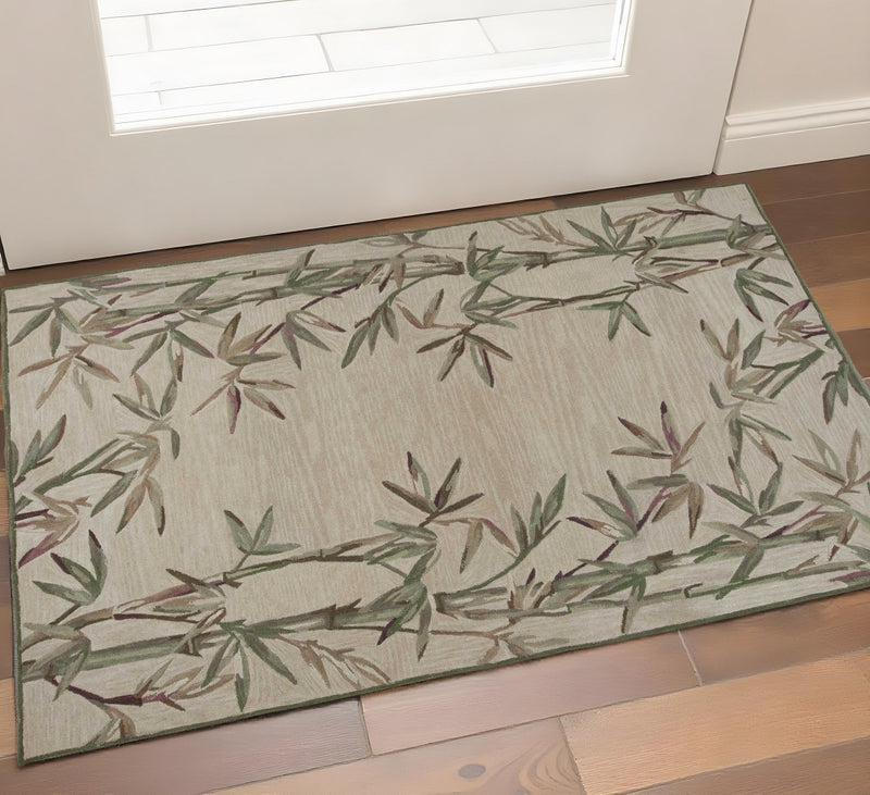 3' X 5' Ivory Green And Brown Wool Botanical Leaves Hand Tufted Area Rug - Home Decor
