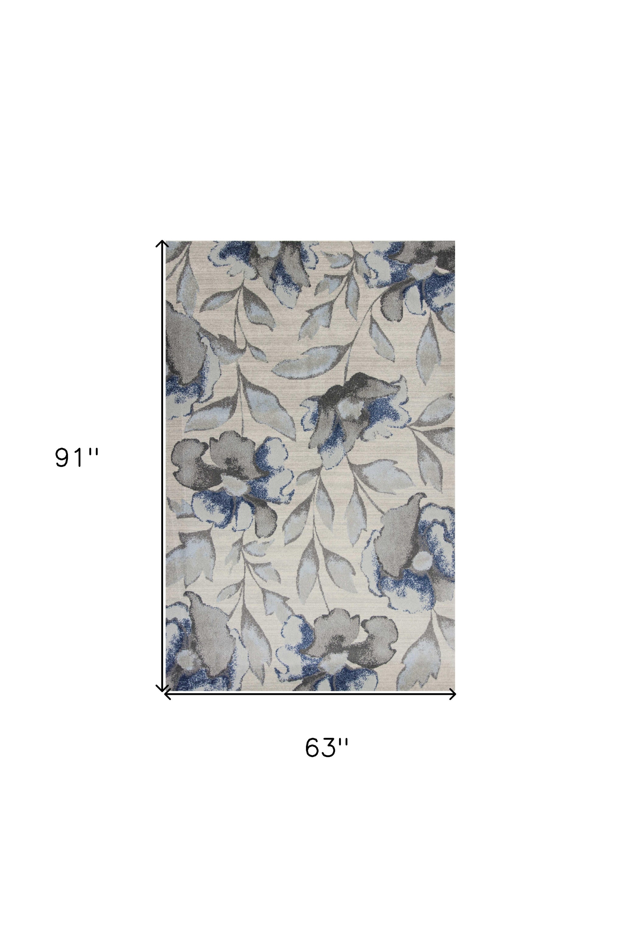 5' X 8' Ivory Blue And Gray Floral Vines Area Rug - Home Decor