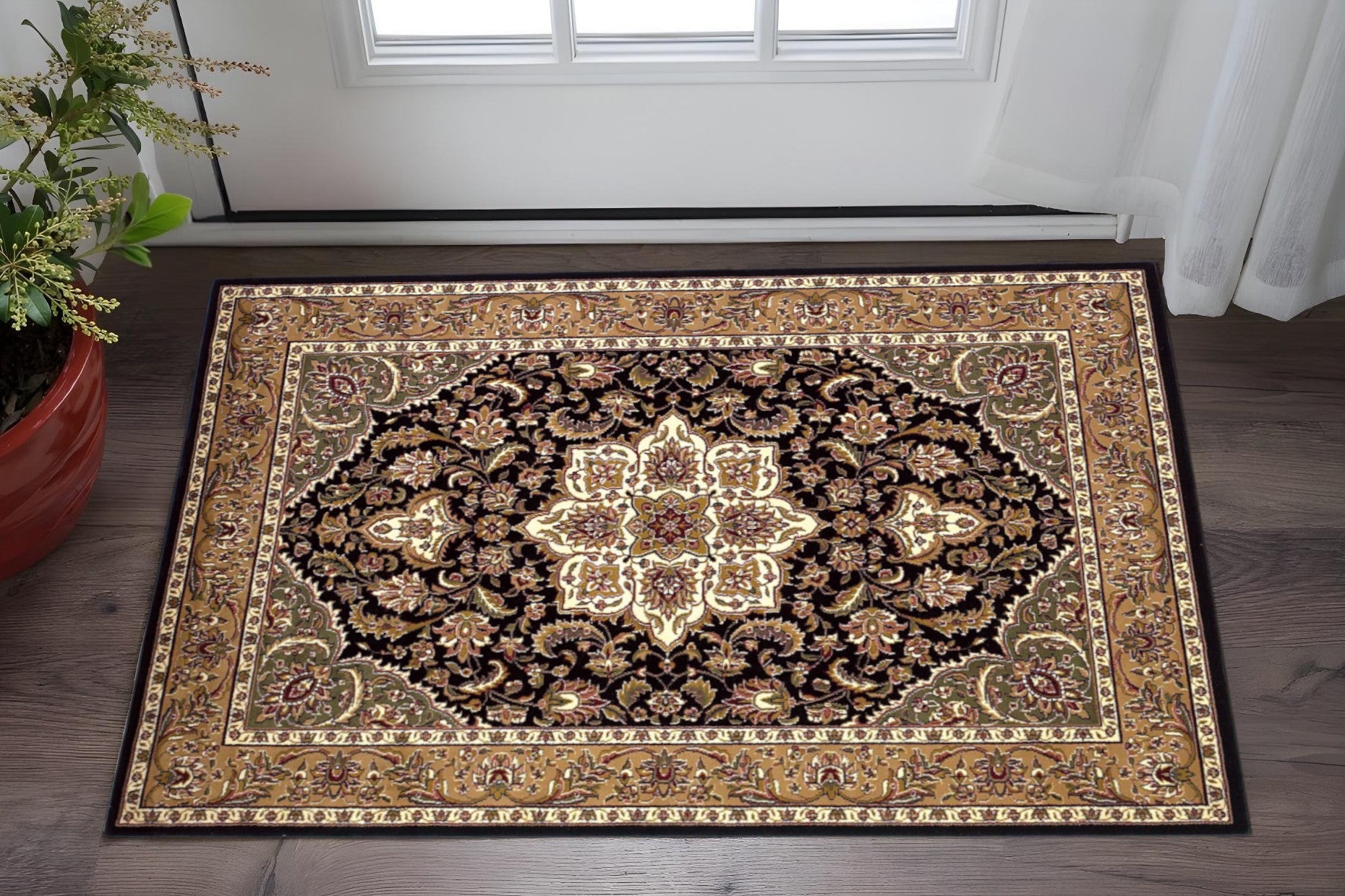 3' X 5' Black And Beige Floral Medallion Area Rug - Home & Garden