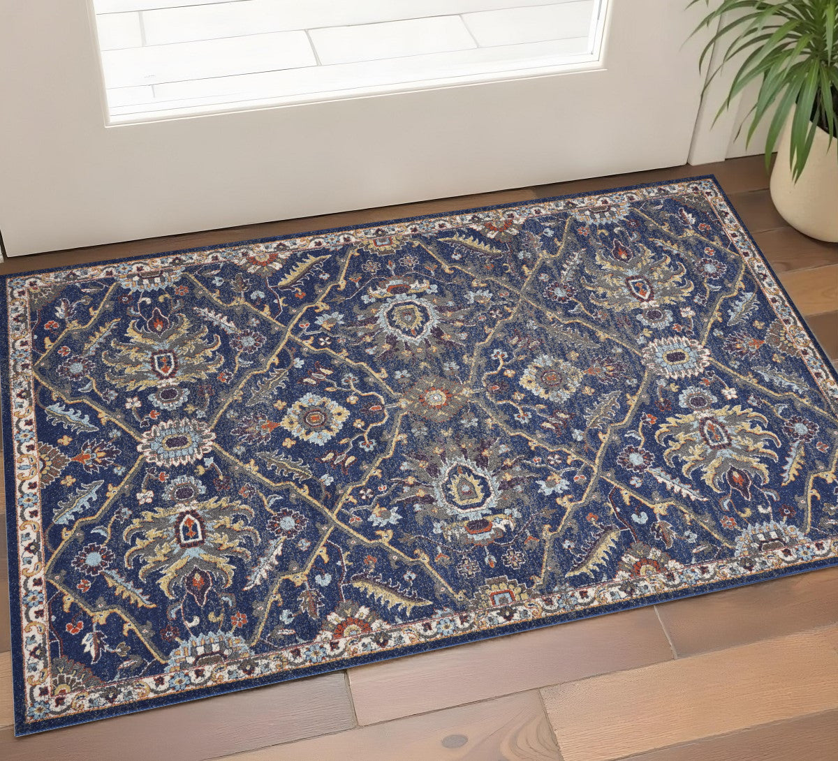 3' X 5' Royal Blue Gold And Gray Medallion Area Rug - Home & Garden