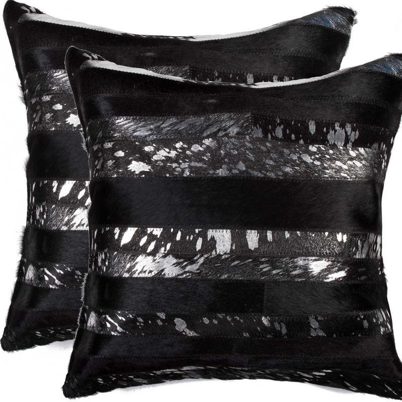 Set of Two 18" Gold and Black Cowhide Throw Pillows - Home Decor