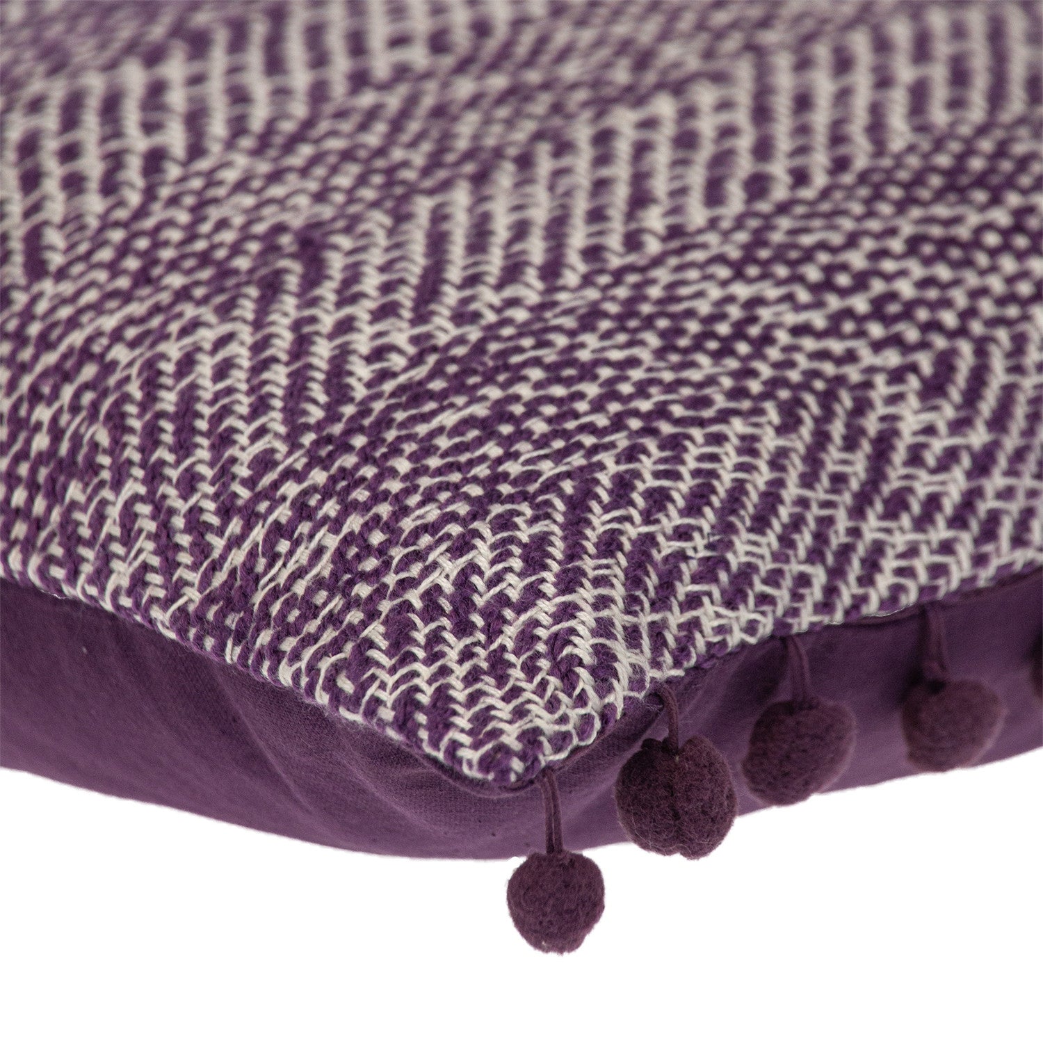 18" Purple and White Weave Cotton Throw Pillow With Pom Poms - Home & Garden