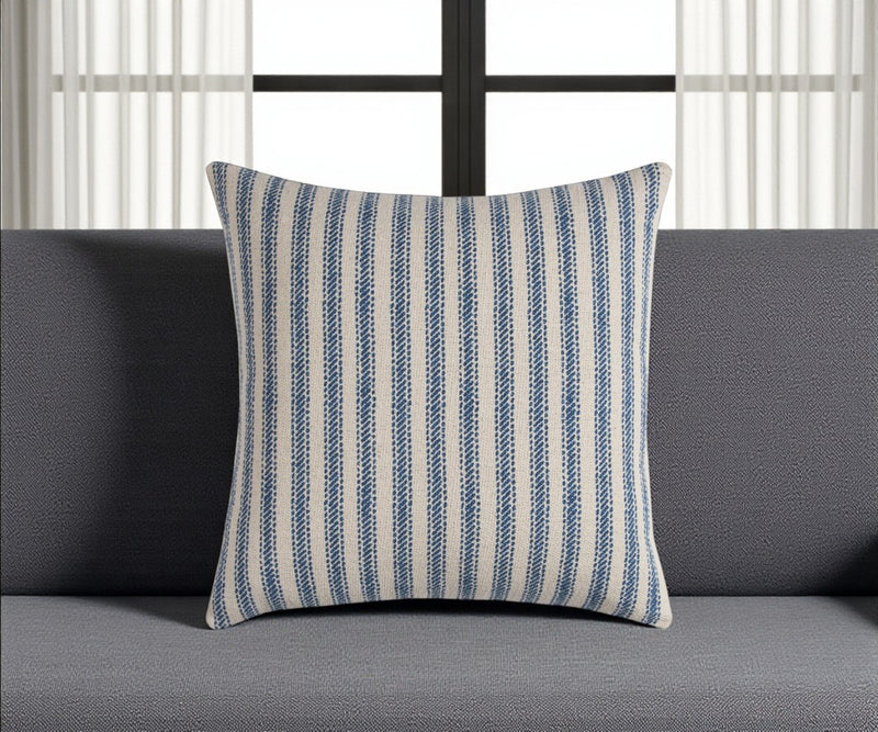 20" Blue And Natural Ticking Stripe Cotton Throw Pillow - Home Decor