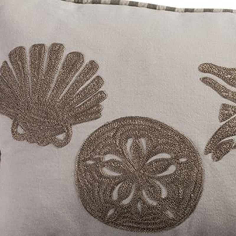 11" X 21" Beige and Khaki Seashells Cotton Throw Pillow with Embroidery - Home Decor