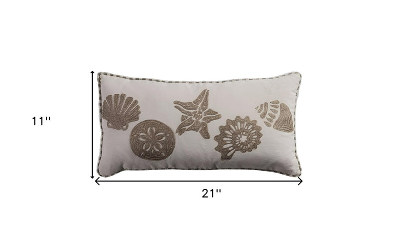 11" X 21" Beige and Khaki Seashells Cotton Throw Pillow with Embroidery - Home Decor