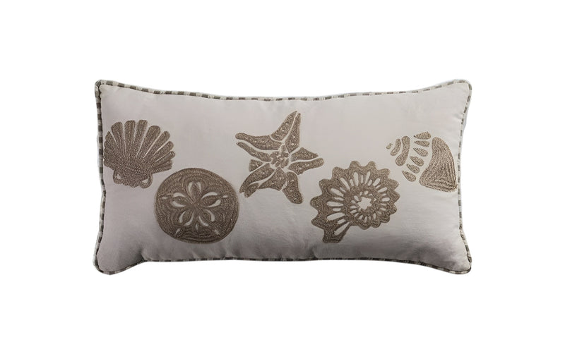 11" X 21" Beige and Khaki Seashells Cotton Throw Pillow with Embroidery - Home Decor