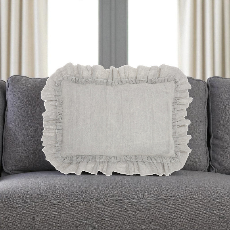 16" X 24" Gray Pillow With Ruffled Edges - Home Decor