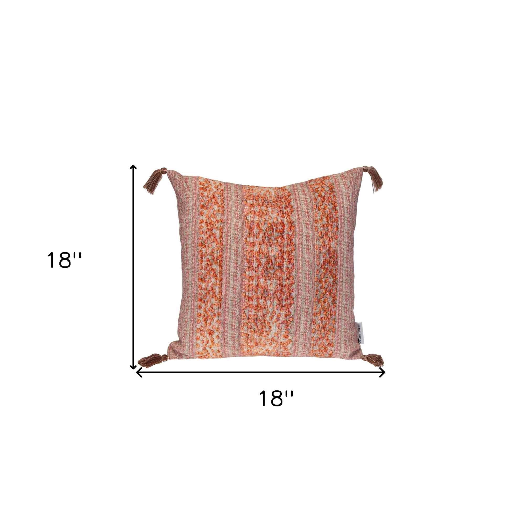 18" Pink and Orange Cotton Throw Pillow with Tassels - Home & Garden