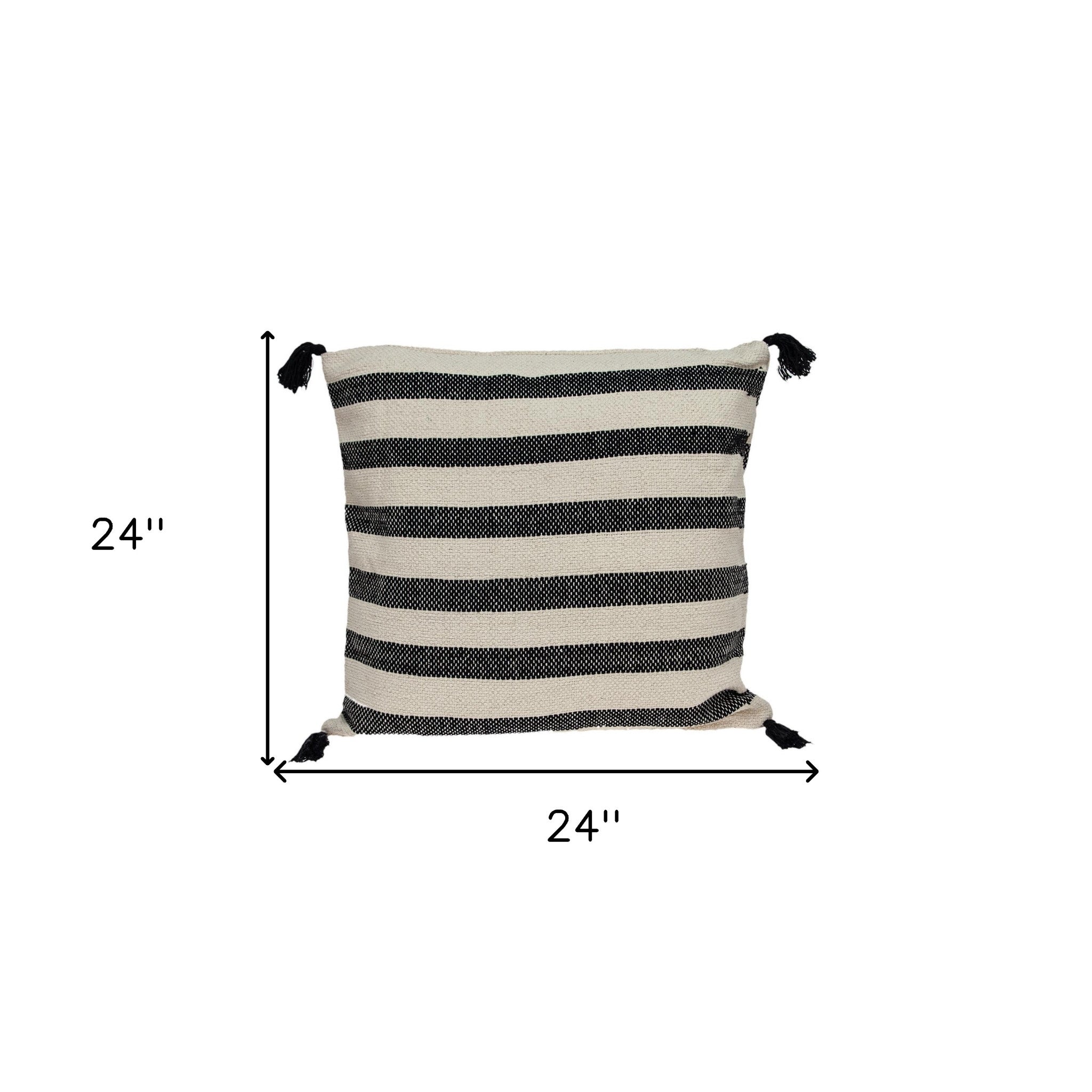 24" Beige and Black Striped Cotton Throw Pillow With Tassels - Home & Garden