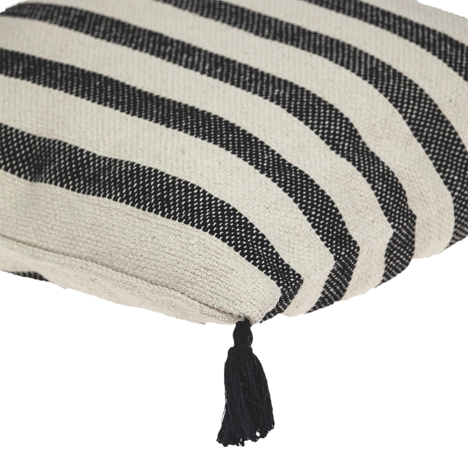 24" Beige and Black Striped Cotton Throw Pillow With Tassels - Home & Garden