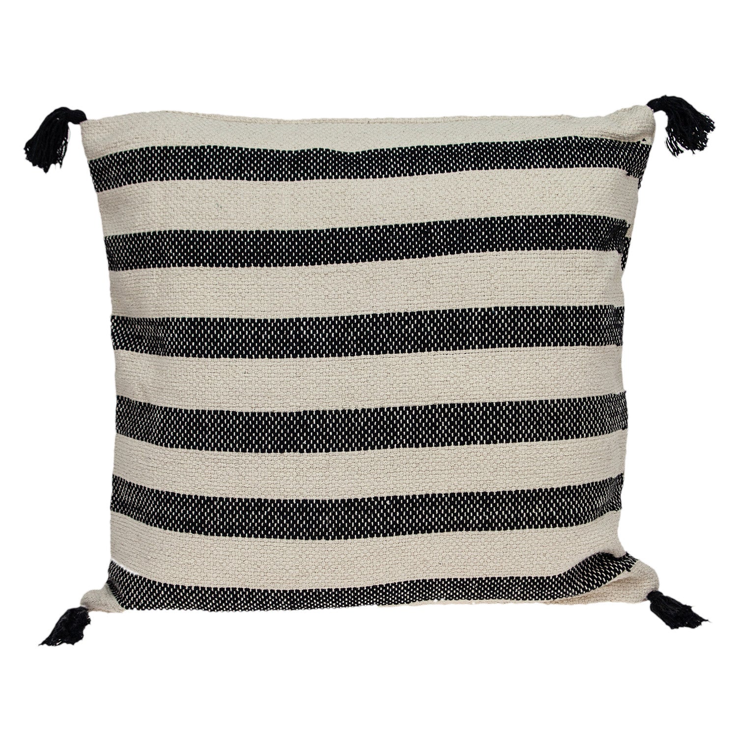 24" Beige and Black Striped Cotton Throw Pillow With Tassels - Home & Garden