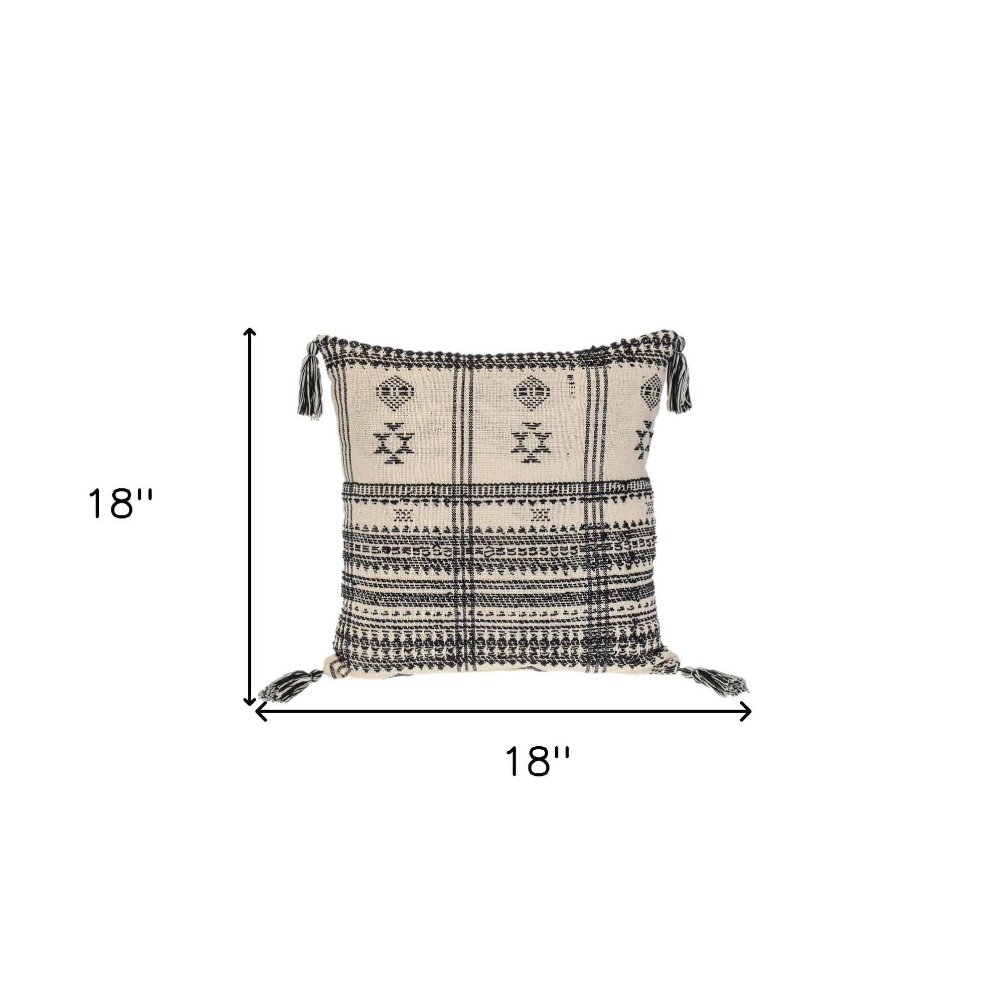 18" Beige and Black Southwestern Cotton Throw Pillow With Tassels - Home & Garden