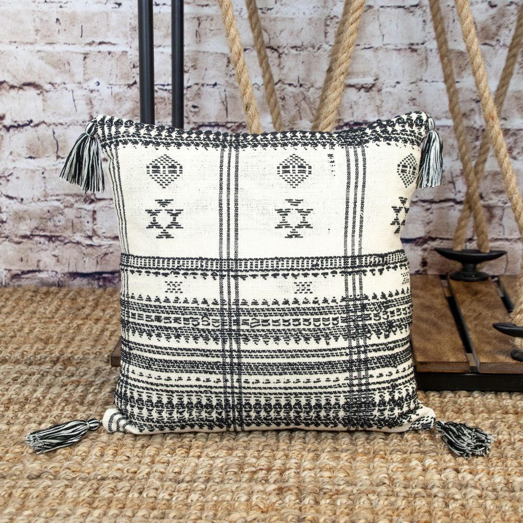 18" Beige and Black Southwestern Cotton Throw Pillow With Tassels - Home & Garden