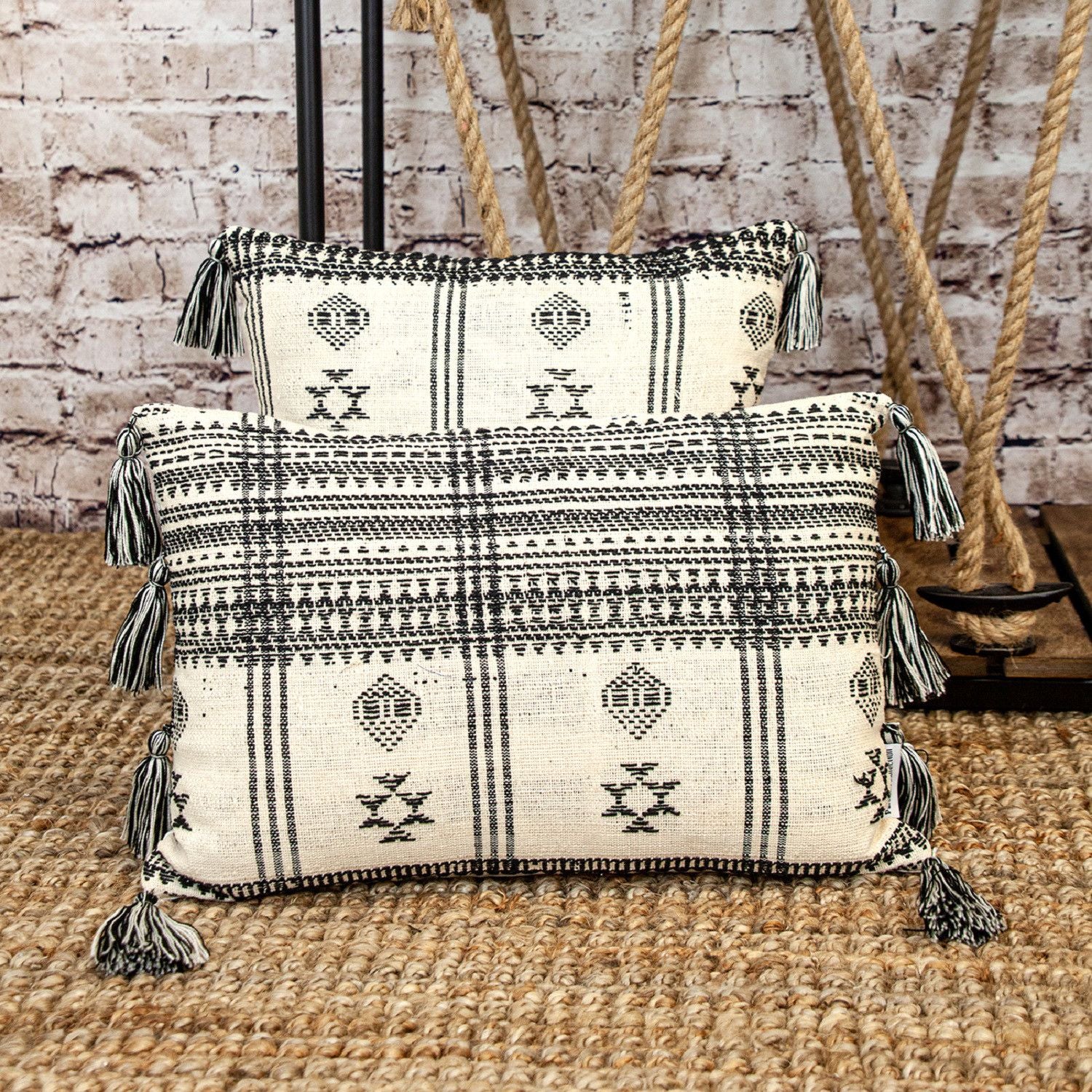18" Beige and Black Southwestern Cotton Throw Pillow With Tassels - Home & Garden