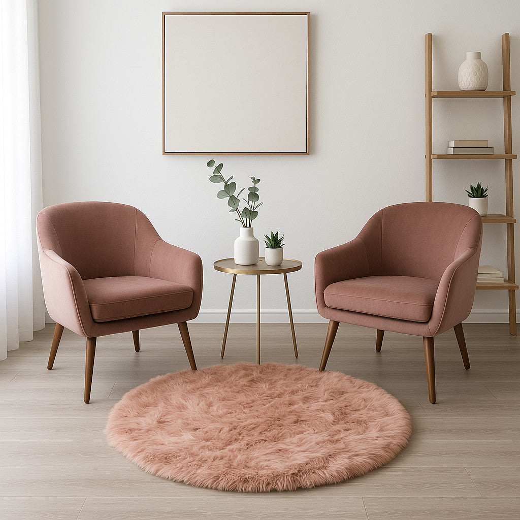 6' X 6' Dusty Rose Round Faux Fur Washable Non Skid Area Rug - Home Decor