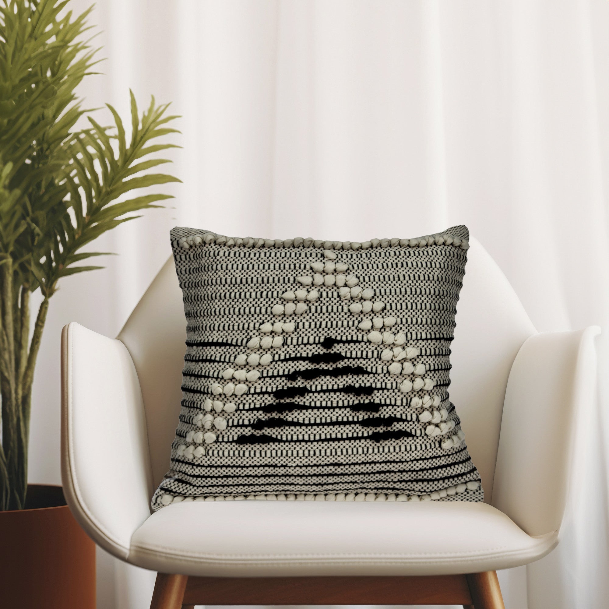 18" Beige and Black Cotton Throw Pillow With Embroidery - Home & Garden
