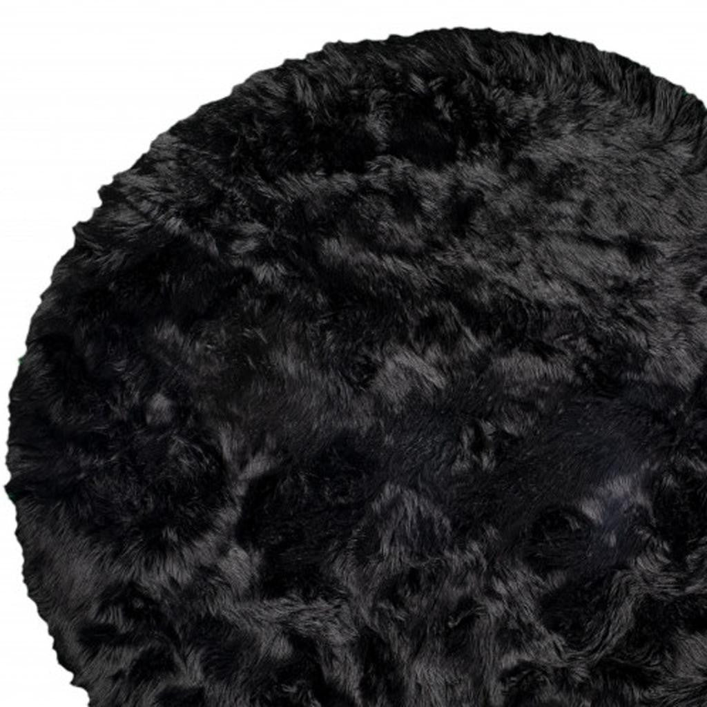 6' X 6' Black Round Faux Fur Washable Non Skid Area Rug - Home Decor