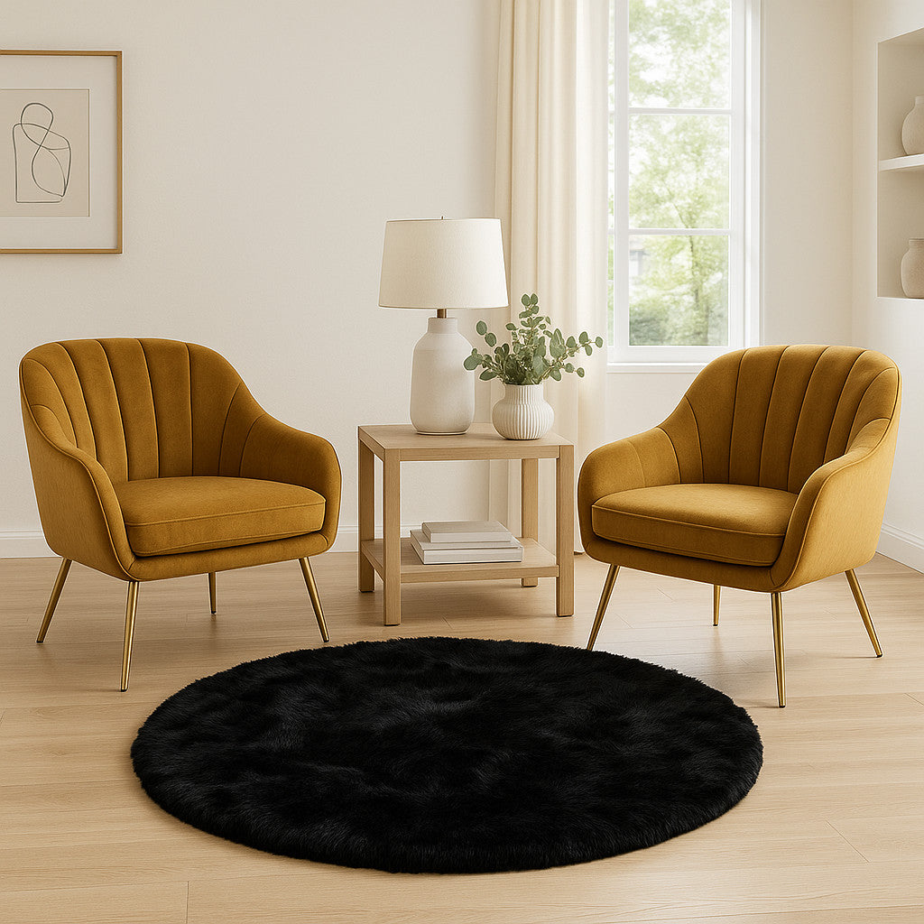 6' X 6' Black Round Faux Fur Washable Non Skid Area Rug - Home Decor