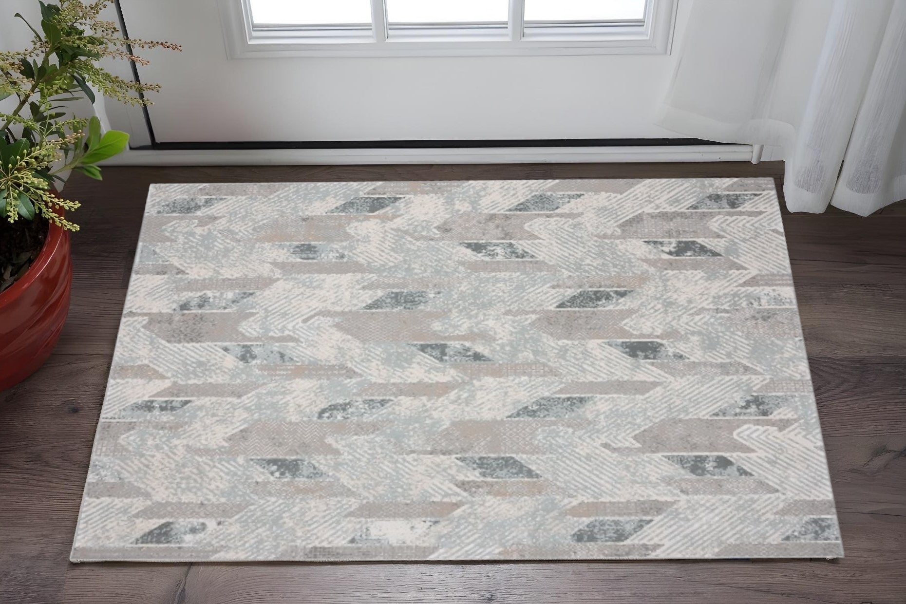 2' X 3' Gray Blue And Cream Geometric Distressed Stain Resistant Area Rug - Home & Garden