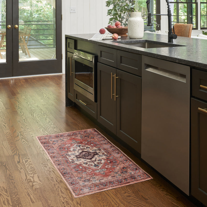 2' X 4' Beige and Red Medallion Power Loom Distressed Washable Non Skid Area Rug - GreatEagleInc