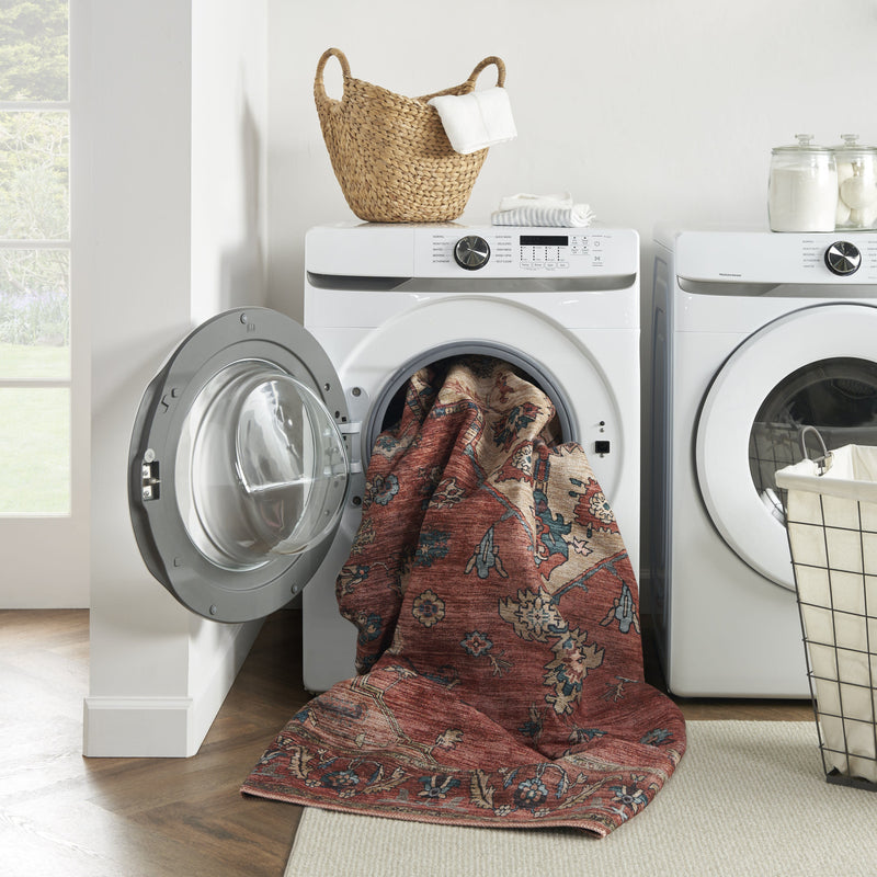 2' X 4' Beige and Red Medallion Power Loom Distressed Washable Non Skid Area Rug - GreatEagleInc