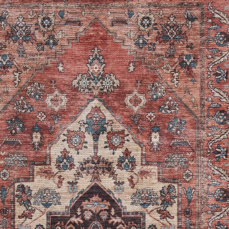 2' X 4' Beige and Red Medallion Power Loom Distressed Washable Non Skid Area Rug - GreatEagleInc