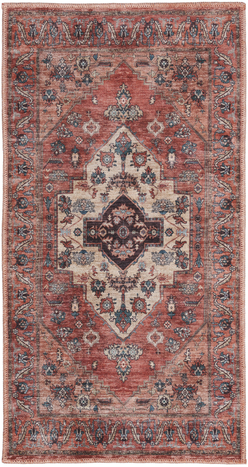 2' X 4' Beige and Red Medallion Power Loom Distressed Washable Non Skid Area Rug - GreatEagleInc