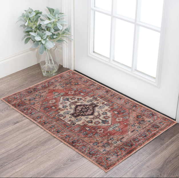 2' X 4' Beige and Red Medallion Power Loom Distressed Washable Non Skid Area Rug - GreatEagleInc