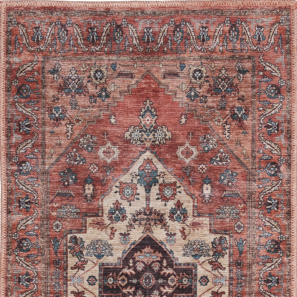 2' X 4' Beige and Red Medallion Power Loom Distressed Washable Non Skid Area Rug - GreatEagleInc