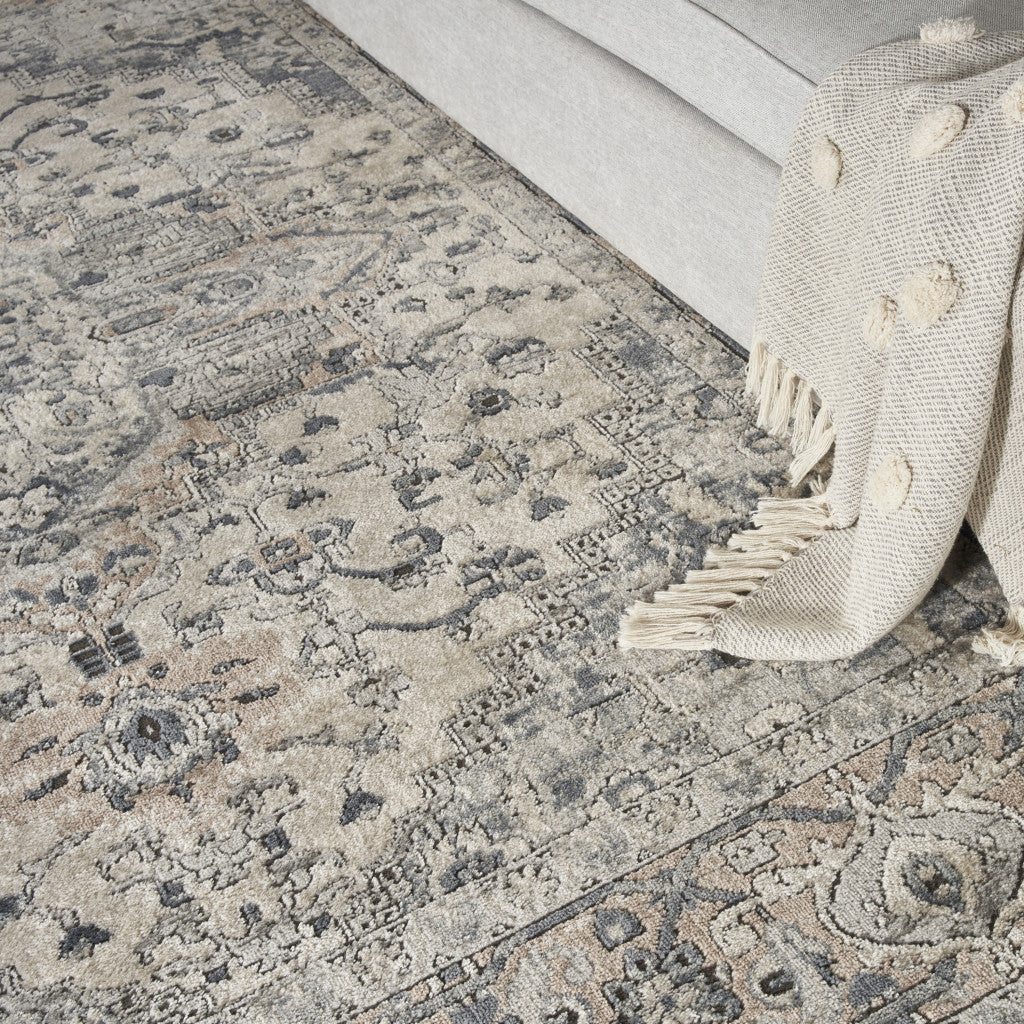 10' Gray and Ivory Square Medallion Power Loom Distressed Area Rug - Home & Garden